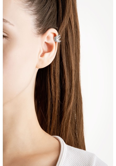 Beyaz Taşlı 18 Ayar Beyaz Altın Kaplama Gümüş Tek Kıkırdak Küpe Beyaz