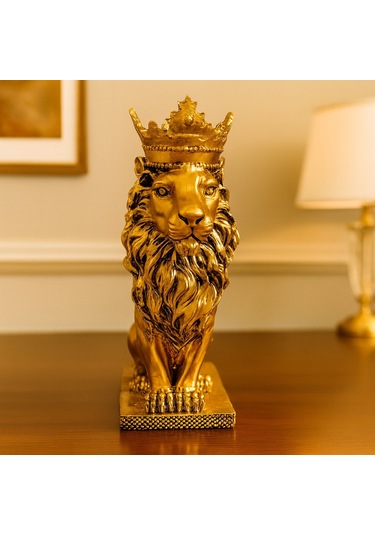 Taçlı Oturan Aslan Figürü Polyester 34x14