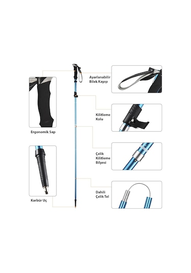 Hymark Trekking Hafif Katlanabilir 105-125cm Dağcı Doğa Kamp Yürüyüş Batonu Açık Mavi