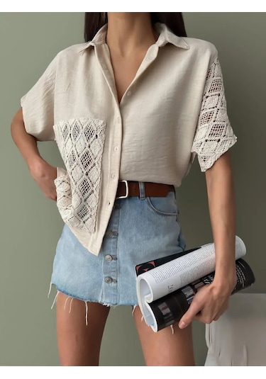 Kadın Keten Oversize Krem Dantel Detay Kısa Kollu Gömlek Krem
