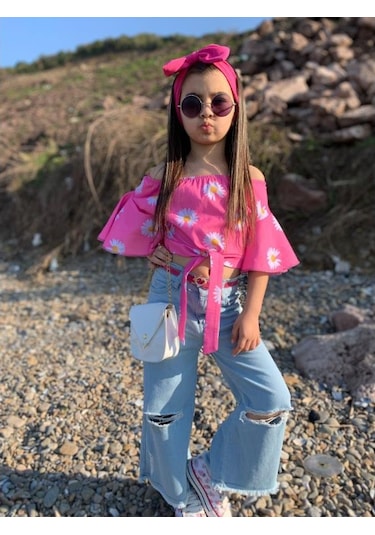 Modavals İspanyol Paça Yırtık Detaylı 4 Parça Kız Çocuk Kotlu Takım Çok Renkli