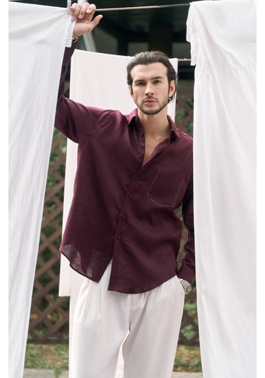 Mai Collection Mai Studios Co. Ombretta Bordo Keten Oversize Erkek Gömlek Bordo