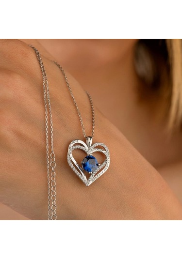 Gümüş Pazarım Safir Taşlı Kalp Gümüş Kolye