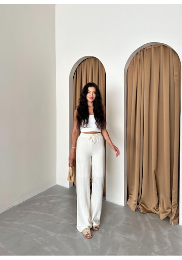 Ekru %100 Keten Palazzo Pantolon Ekru