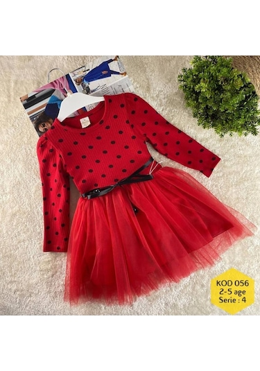 Kız Çocuk Kırmızı Uzun Kol Puantiyeli Doğum Günü Özel Gün Yılbaşı Hediye Abiye Günlük Prenses Elbise Kırmızı
