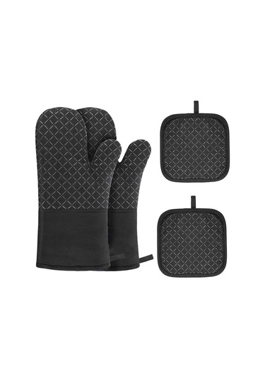 Padalink Ev Fırını Ve Mikrodalga İçin 30cm Silikonlu Isıya Dayanıklı Eldivenler, Antir Kayma Kumaş, Siyah Kare Desenli 4'lü Set