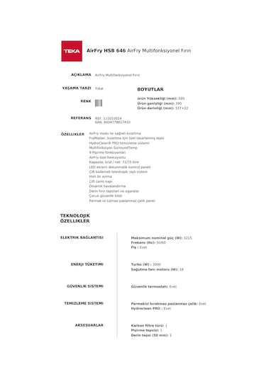 Teka Airfry HSB 646 SS Ankastre Multifonksiyonel Dijital Turbo Fırın 111010024