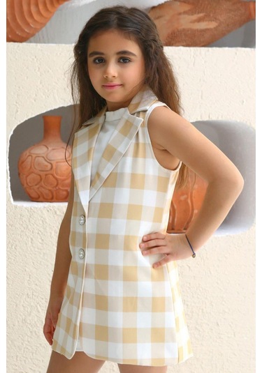 Riccotarz Kız Çocuk Halter Yaka Ekose Baskılı Düğme Detaylı Hardal Şortlu Takım Hardal
