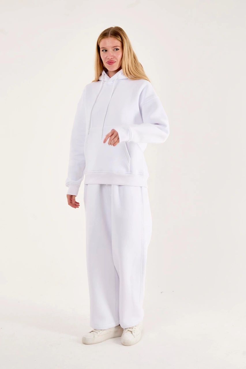 Q-4008 Kapüşonlu Üç İp Şardonlu Sweat Beyaz