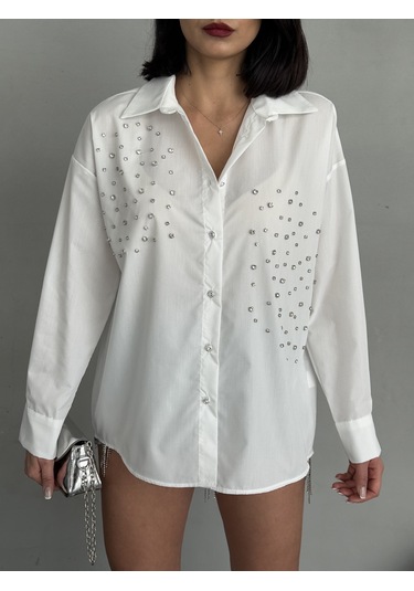 Kadın Taşlı Premium Kalite Uzun Kollu Oversize Gömlek Beyaz