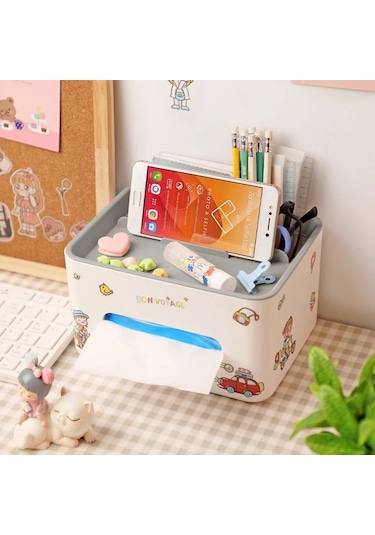 Gri-masaüstü Doku Kutusu Çok Fonksiyonlu Masa Kağıt Kutusu Mendil Kutusu Makyaj Organizatör Peçete Tutucu Telefon Uzaktan Kumanda Tutucu