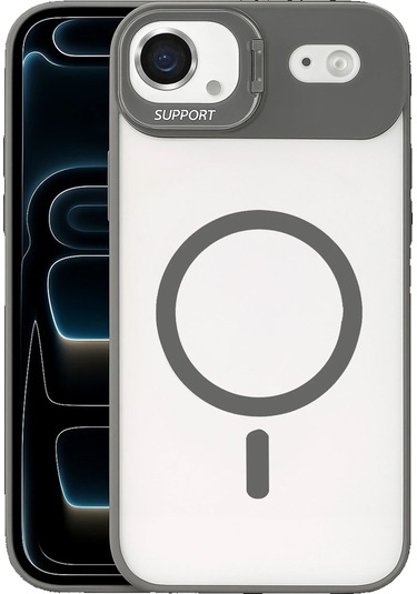 İphone Uyumlu 17 Air Kılıf Remim Magsafe Lensli Kamera Standlı Kapak Gri