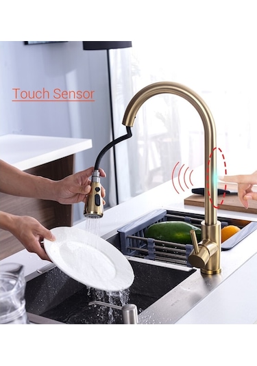 Smart Mutfak Eviye Bataryası Antik Altın Dokunmatik Fiskiyeli