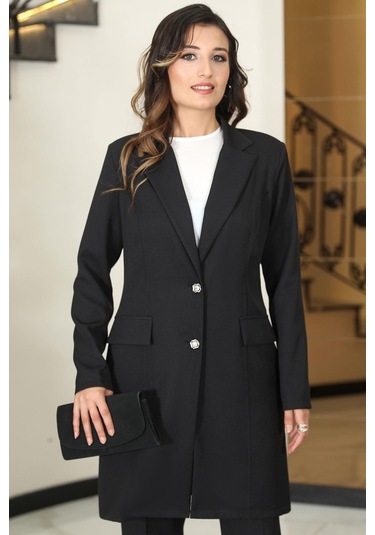 Parla Uzun Ceket Pantolon İkili Tesettür Takım Siyah Siyah