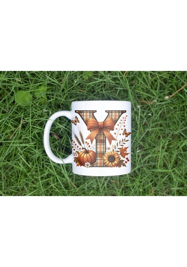 Y Harfi Ekose Ve Sonbahar Temalı Kupa Bardak - Kişiye Özel Sıcak Tonlar Alfabe Kupa - Hediye Beyaz