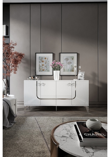 ART KONSOL MDF MEBRAN KAPAK BEYAZ GÜMÜŞ