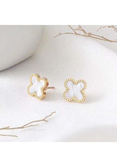 Beyaz Solmayan Titanyum Çelik Dört Yapraklı Yonca Küpe Kadın Moda Basit Küpe Ins Gelişmiş Şans Duygusu Küpe Niş Tasarım