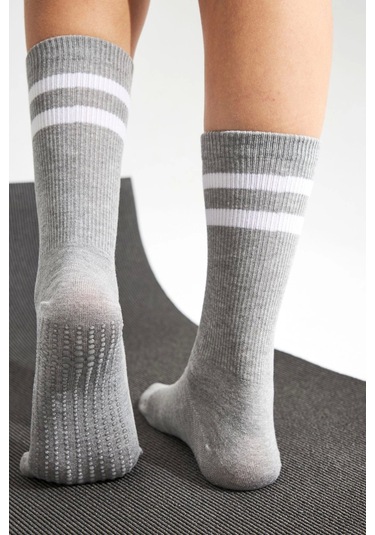 Bambu Kadın Gri Kaydırmaz Taban Silikon Baskı Yoga Fitness Pilates Bale Dans Tenis Çorabı Çok Renkli