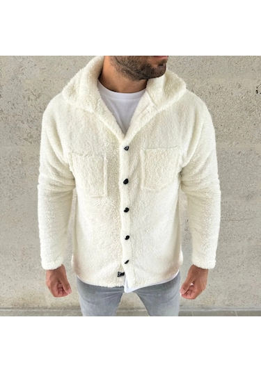 Erkek Pelüş Polar Hırka Gömlek Yakalı, İlik Düğmeli, Göğüs Cepli, Yumuşak Dokulu Kışlık Regular Fi Beyaz