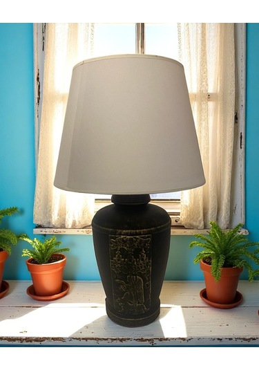 Gold Renk Eskitme Sümer Dekoratif Abajur - Beyaz Beyaz