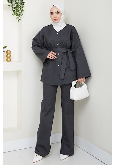 Kemerli Ceket Pantolon Gabardin Takım 1557 - Antrasit Antrasit