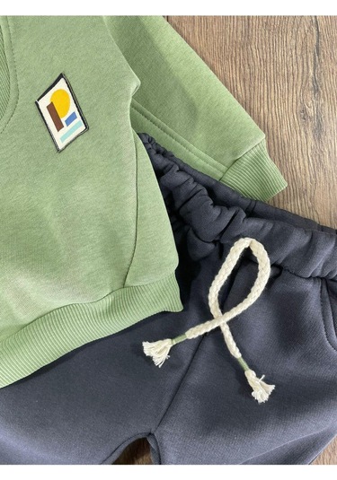 3 İplik İçi Şardonlu Armalı Kışlık Erkek Bebek Takım İguana Antrasit - Yeşil