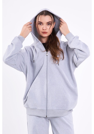 Comeor Gri Kanguru Cepli Kapüşonlu Fermuarlı Oversize Kadın Sweatshirt Cmrb73-gri Gri Comeor Gri Kanguru Cepli Kapüşonlu Fermuarlı Oversize Kadın Sweatshirt Cmrb73-gri Gri