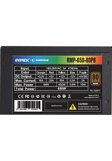 Rampage Power Supply Rmp-650-80pb 650w 80 Plus Bronze 14cm Sıyah Fan Aktıf Pfc