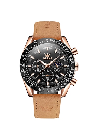 Olevs 9957 Erkekler Aydınlık Su Geçirmez Deri Kayış Kuvars Saat Siyah + Gül Altın