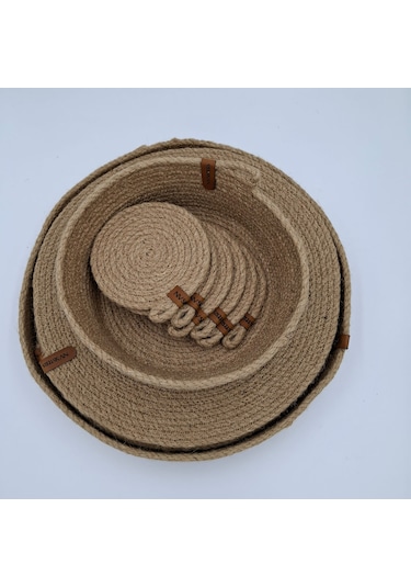 6 Kişilik 14 Parça Hasır Rengi Amerikan Servis, Hasır Supla Takım Naturel