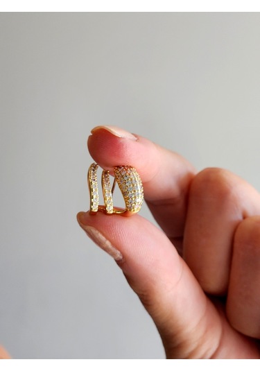 Üçlü Zirkon Taşlı Tekli Altın Kaplama Gold Renk Çelik Küpe Gold