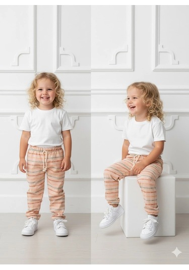 Kız Çocuk Desenli 3 Lü Paket Gündelik Rahat Pantolon Seti 2-7 Yaş Ekru-somon-a.pembe