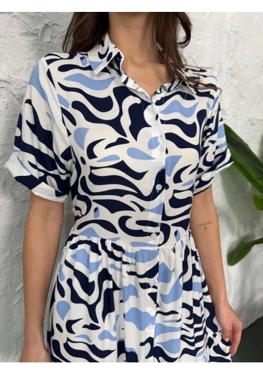 Baskılı Keten Elbise - Lacivert Lacivert