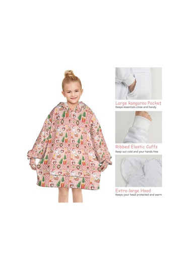 Noel Temalı 6-13 Yaş Çocuk Giyilebilir Battaniye Hoodie, Kalın Peluş, Büyük Boy-a144 Krem - Pembe