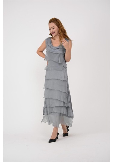 Italyan 2 Beden İnce Gösteren Kat Kat Kolsuz Ipek Elbise Koyu Gri