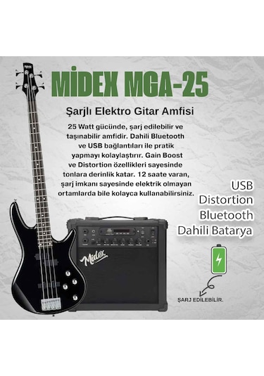 Midex Mbg-400bk-25amp 4 Telli Bas Gitar Ve 25w Amfi Gigbag Kulaklık Set