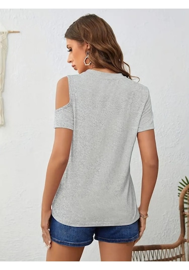 Modaserdem Kadın Kısa Kollu Tek Omuzu Açık Damla Detaylı Viskon Bluz Gri