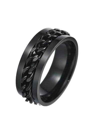 Ortası Dönebilen Zincirli Erkek Kadın Anti-stres Çelik Alyans Yüzük Cl43 Siyah