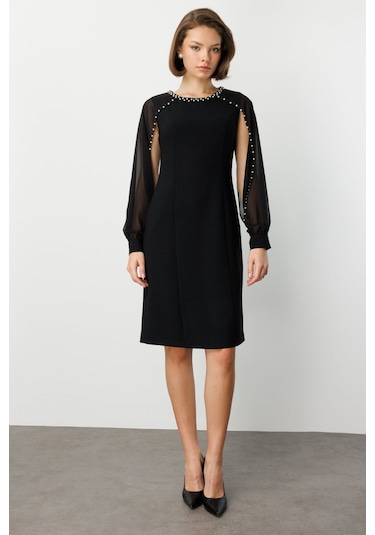 Ekol Kadın Boncuk Detaylı Kolları Tül Midi Elbise 4011 Siyah Siyah