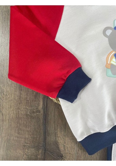 Teddy Ayıcık Baskılı Kapüşonlu Renkli Kol Detaylı Erkek Bebek Takım Açık Lacivert