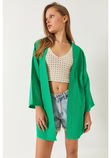 Shade Kadın Keten Dokulu Kısa Basic Kimono 60261496 - Yeşil