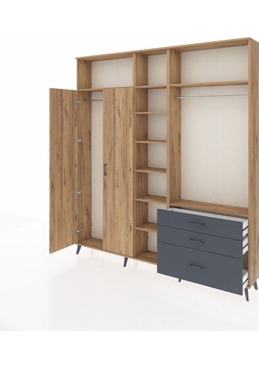 Arges Dolap 9 Raflı 3 Çekmeceli 2 Askılı 220x30x243 Çam-çam/antrasit Atlas Çam/antrasıt