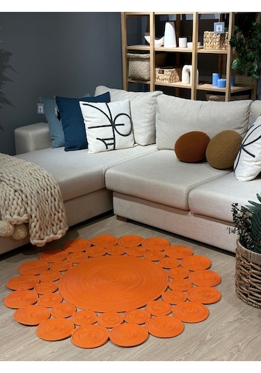 Mavaux Turuncu Hasır Jüt Çiçek Desenli Kilim Halı Turuncu