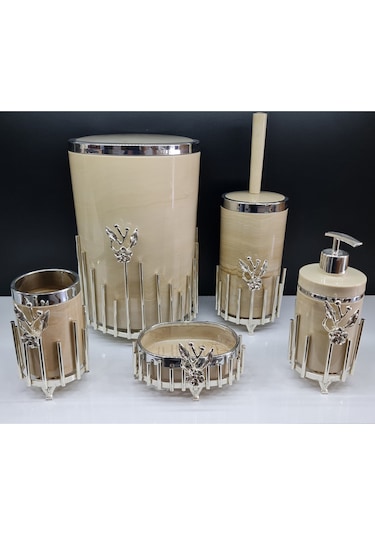 5 Parça Akrilik Yuvarlak Banyo Seti Krem Mermer Gümüş Japon Güllü Krem