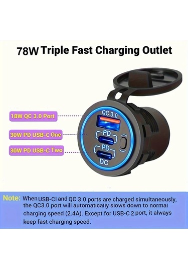 Xuweiwei Triple Port Hızlı Araç Şarj Cihazı Type C Pd Qc 3.0 Mavi Işıklı