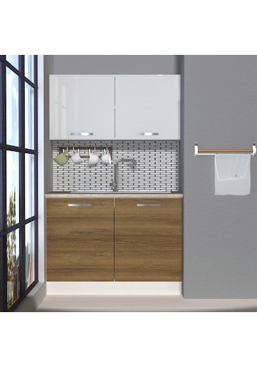 Decoraktiv Mini 120 Mdf Hazır Mutfak Dolabı - Tezgah Dahil - Pera Beyaz Beyaz - Meşe