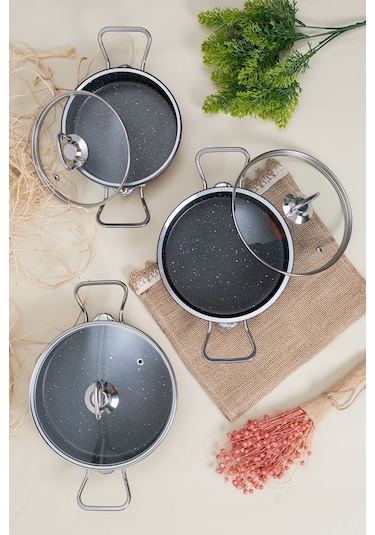 Çarşıdayız Siyah Renk Granit 3'lü 16/18/20 Cm Tava Seti - Dayanıklı Ve Şık Tasarım Siyah