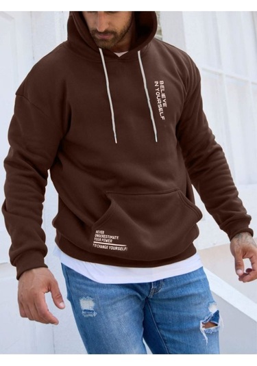 Erkek Believe Baskılı Oversize Kapşonlu Sweatshirt 001