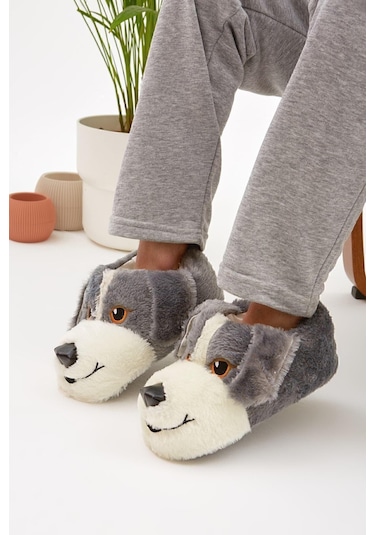 Gri Hayvanlı Sessiz Taban Panduf Sevimli Köpek Figürlü Peluş Ev Ayakkabısı Gri