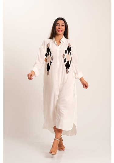 Kadın Beyaz Önü Pul Payet Aplike Nakışlı Kolu Apoletli Uzun Gömlek Elbise-beyaz Beyaz